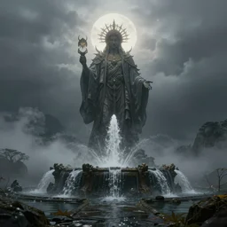 magical and mystical, illustrious makinami, misterious fountain, gloomy and foggy atmosphere, octane render, rembrandt, cgsociety, artstation trending, highly detailded