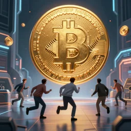 people running away scared from a giant with bitcoin head, cinematic, cyberpunk art, hyper-realistic, cryptocurrency, 8k