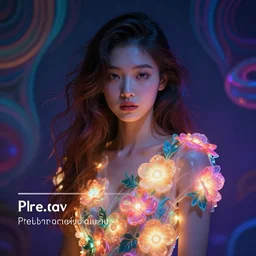 ai - generated art, generated by an ai image generator who read this caption. tags : photorealistic, psychedelic, self - aware, design your own avatar, pretty lady with glowing flowers dress, matte painting, trending on artstation