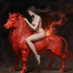 woman loves and sit upon a scarlet coloured beast, pain, light effect, hyper detailed, intricate, elegant, highly detailed, digital painting, artstation, concept art, matte, sharp focus, illustration, by peter mohrbacher, hajime sorayama, wayne barlowe, boris vallejo, aaron horkey, gaston bussiere, craig mullins