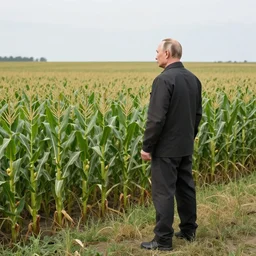 putin in a cast and wounded standing at the edge of a large cornfield staring out in the distance at a sunset, photography, highly detailed landscape, intense fantasy atmospheric lighting, hyperrealistic, spectacular mountains, bright clouds, luminous stellar sky, solar flare unreal engine, hd