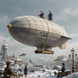 airship, sky, winter, victorian london, steampunk, nicoletta ceccoli, mark ryden, lostfish, max fleischer, depth of field, detailed and intricate retro environment, 8 k resolution, hyperrealistic, octane render