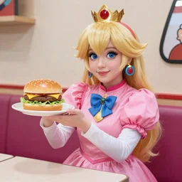 princess peach cosplay, she gives you a hamburger, cuil = 1