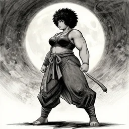, female plus size instagram model in afro samurai anime style, full body profile, dynamic wide angle lens, manga style, greg rutkowski, pencil and ink, full moon lighting, fully clothed