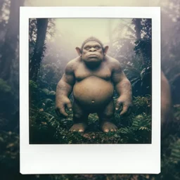 oversized troll goblin creature, in jungle forest peak, full body, nighttime, cinematic focus, polaroid photo, vintage, neutral dull colors, soft lights, foggy, overcast by oleg oprisco, by thomas peschak, by discovery channel, by victor enrich, by gregory crewdson