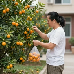 a short stocky man with a long black ponytail wearing cargo shorts and a plain t-shirt stealing kumquats off his neighbor's tree and putting them into a ziplock baggy, holding his iphone in his otherhand, in the daytime in suburban San Diego, California, artwork by Artgerm, Rutkowski, Dale Keown and Van Sciver, featured on artstation, cgsociety, behance hd