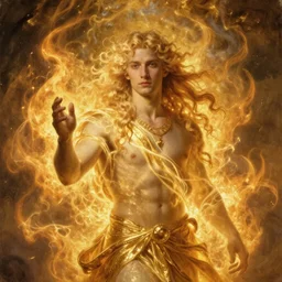 Lucius as a demigod of scintillating radiance, long fluffy blond curly hair, wreathed in magnificent flames, oil on canvas, golden hour, artstation, by J. C. Leyendecker and Peter Paul Rubens
