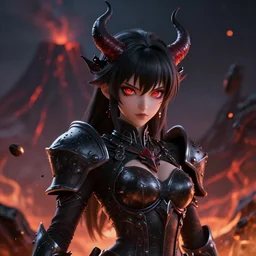 portrait focus of a very hot!!! demon 3D anime girl, Obsidian armor wearing, dark volcano background, ash falling, {perfect face}, bokeh, inspired by Masami Kurumada, digital painting, high contrast, unreal engine render, volumetric lighting, high détail
