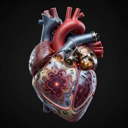 3D render of a steampunk cyborg heart within rib cage, heart tissue, inset xray cross-section, arteries, veins, valves, mechanical pumps, Mandelbrot fractal, titanium skeletal attachments, anatomical, flesh, muscle, wires, microchips, electronics, glowing, full frame, microscopic, elegant, highly detailed, flesh ornate, elegant, dye contrast lighting, black light, octane render in the style of H.R. Giger and Bouguereau
