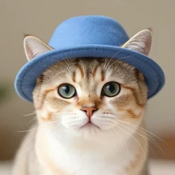 a photograph of a kitten wearing a small boonie hat on it's head