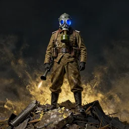 portrait of futuristic world war 1 russian flamethrower soldier with gp - 5 gas mask with blue light glowing, on top of a giant debris pile, dark night background, gold filter, high details, dripping paint, greg rutkowski, craig mullins, ash thorpe, fibonacci rhythm ar