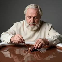lukashenko cooks chocolate, in chocolate bath, portrait by greg hildebrandt, studio lighting, muted colors, by terry richardson, by frank frazetta, extreme detail, reflections, trending on artstation, 8 k