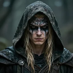 Medium Portrait, Character Design of a hooded Dark Elven Ranger, thick camouflage face paint, Black Face paint around eyes, Dripping white face paint on cheeks, thick wet blonde hair, piercing eyes, intense look, sneer, cloaked, ultra realistic, cinematic lighting, moody, wet, epic, artstation, cgsociety, 8k render,