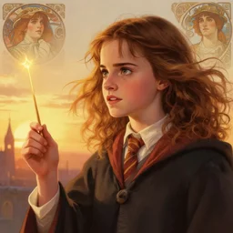 digital art, emma watson as hermione granger [ 2 0 0 4 ], medium close up, casting a spell, watching the sunset, during golden hour, wind blowing, details, sharp focus, illustration, by jordan grimmer and alphonse mucha and greg rutkowski and thomas kinkade, intricate, beautiful, trending on artstation.