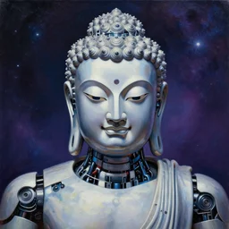 a perfectly centered and symmetrical portrait of a biomechanical robot buddha, intense stare, sarcastic smile, volumetric lighting, volumetric shadows, highly detailed, cosmic background, realistic oil painting,