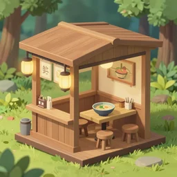 outside view of miniature classy wooden ramen shop with chinese lamps, table and stools, situated in an enchanted forest, studio ghibli style, hayao miyazaki drawings, spirited away, clean, low poly art, detailed, isometric view, artstation, behance, global illumination, 3 d illustration, kawaii, pastel colors