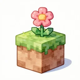cute watercolor illustration of a Minecraft grass block with a flower on top of it