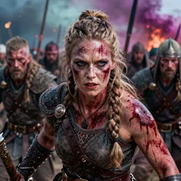 Ultrawide realistic photo of a bloody fierce viking woman, leading a battle, battle-scarred mind-blowing details, highly detailed face, ethereal, ominous, scarred, highly detailed, viking attire, cinematic, 16k, 1080s,  smooth, sharp focus, by Stanley Artgermm, Tom Bagshaw, Greg Rutkowski, Vincent di Fate, Carne Griffiths, Ayami Kojima, trending on DeviantArt, hyper detailed, full of color, digital art, Vibrant colors, Smooth gradients, High contrast, depth of field, shot on Canon Camera