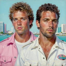 an oil painting portrait of crockett and tubbs in eighties miami vice, pink white turquoise, ultra realistic, highly detailed faces, true to life, masterpiece, cinematic by frank frazetta, greg rutkowski, beeple, yoko taro, christian macnevin, beeple, wlop, krenz cushart, epic character art, volumetric lighting