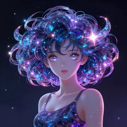 Anime girl with cosmic hair, magical, Megapixel, Ray Tracing Global Illumination, by Jeff Koons