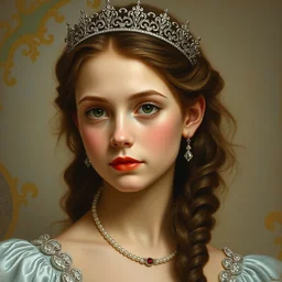 clothed in dress, tiara, necklace, earrings. close - up face portrait painting of young princess, rule of third, by boris vallejo.