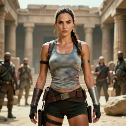 a photo realistic portrait of gal gadot in tomb raider outfit background of a ruin temple, cinematic,, photography, 4 k, hdr, epic, high detail, volumetric lighting, by ilya kuvshinov, magali villeneuve, jeremy lipkin, michael garmash, rob rey, artgerm, artstation
