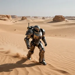 a mechwarrior as armored core v running across the open desert, empty desert, sand, karst landscape, wide shot, concept art by greg rutkowski