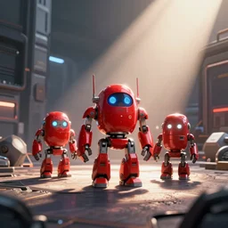 small robot characters in red, warzone, octane render
