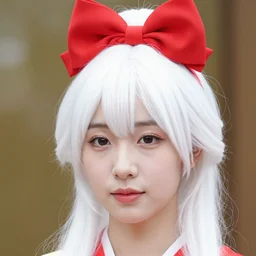 A white-haired Japanese princess wearing a red bow, (EOS 5DS R, ISO100, f/8, 1/125, 84mm, postprocessed, crisp face, facial features)