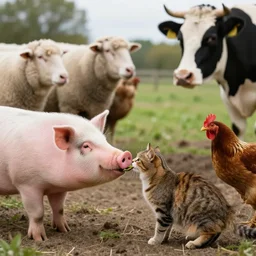 butcher feeding a cat, while being watched by a pig, a sheep, a chicken and a cow