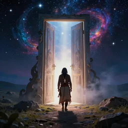 an indigenous shaman entering the world of dreams through a giant door full of light and surrounded by stars, beautiful colors, fantastic, surrealism, art by christophe vacher