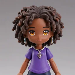 a nendoroid of hazel levesque, a [ [ [ dark skinned ] ] ] black girl with [ curly ] brown hair and amber eyes wearing a purple t shirt, african american, jewelry and magic themed, brown skin