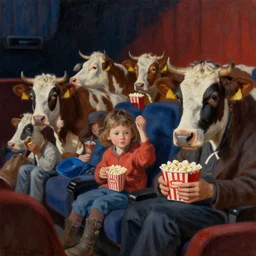 A family of cows going to the cinema, eating popcorn. Detailed oil painting.