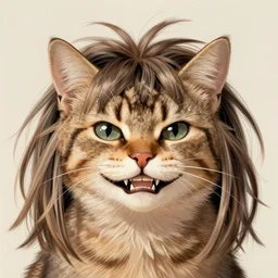 a cat wearing a wig, and a strained toothy grin smile. has spiky long unwashed hair. smooth, sharp focus, illustration, art by artgerm and greg rutkowski and alphonse mucha