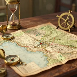 old fictional map on a table surrounded by compass and hourglass and sextant, bokeh, focus on map, artstation, digital art