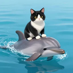 “ tuxedo cat riding a dolphin ”