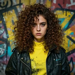 highly detailed portrait of a moody post - cyberpunk curly haired brunette young lady, by james gilleard, by joe fenton, by greg rutkowski, by konstantin yuon, by kaws, by kate beaton, 4 k resolution, nier : automata inspired, bravely default inspired, mystical yellow, brown, black and cyan color scheme!!! ( ( graffiti tag wall background ) )