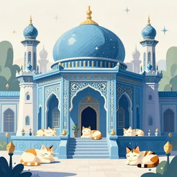 beautiful digital art illustration of an alice blue oriental temple with cats sleeping in front of it by Gustave Moreau artstation high quality