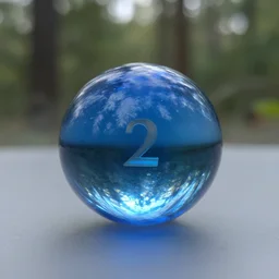 blue glass ball, fresnel, ior 2, 3, in the forest, foggy bottom, bokeh background