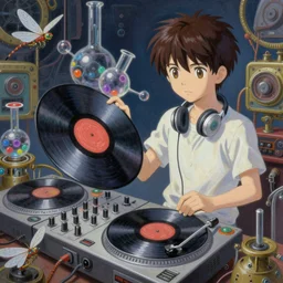 surreal gouache painting, by yoshitaka amano, by ruan jia, by Conrad roset, by good smile company, detailed anime 3d render of a chemical flying Vinyl records close to the DJ Mixer, deck   surrounded by chemical  Dragonflies, Vinyl records, controller, portrait, cgsociety, artstation, rococo mechanical and Digital  and electronic, dieselpunk atmosphere