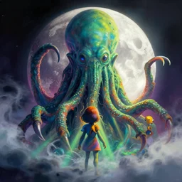 a beautiful artwork illustration, concept art sketch of a gigantic cthulhu on the moon, volumetric fog, godrays, high contrast, vibrant colors, vivid colors, high saturation, by Greg Rutkowski and Jesper Ejsing and Raymond Swanland and alena aenami, featured on artstation, narrow angle, vertical orientation