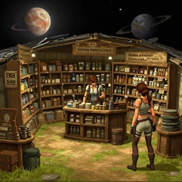 inside a general store, in a remote outpost, on a remote planet, from a sierra point and click 2 d graphic adventure game, set design inspired slightly by tomb raider, art inspired by [ thomas kinkade ] and mark keathley