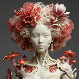 intricate hyper detailed ultra sharp focus front shot 3 d render of a beautiful porcelain ivory afro albino woman, close - up, f 2. 8 1 5 0 mm, sharp focus, alexandre ferra, elegant bionic cyberpunk mechanical sci - fi haute couture red mushroom corals, fractal mycelum and fungi filigree foliage lace, magnolia goliath head ornaments, sinuous roots, octane render, volumetric cinematic lighting, 8 k,