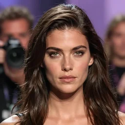 a cinematic headshot portrait color photograph of a woman of average height with dark brown hair, she has green eyes and a fair complexion. she is of average build and is considered to be slightly attractive at the victoria secret fashion show, depth, beautiful lighting, by richard avedon and annie leibovitz and arnold newman, epic composition, hasselblad camera, 5 0 mm, sharp focus