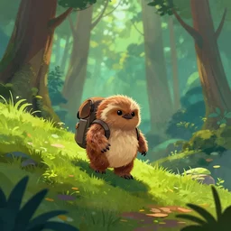 adventurous ewok hiking up hills through the tall wooded forest, artstation, colorful