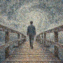 walking on an old wood bridge, 3 meters , swirly clouds in the background, art by James Jean and Wayne Barlowe , high details , contrasted colors, cinematic, cgsociety 8k