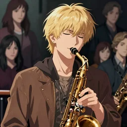 wide view portrait Anime hippie Blonde Guy Short Hair Sharp fine face playing sax, pretty face, realistic shaded Perfect face, fine details. Anime. by makoto sinkai, katsuhiro otomo ghost in the shell movie scene, magali villeneuve, artgerm, rutkowski