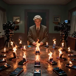 a movie still of a room full of sentient smartphones on fire, directed by david lynch and david firth, by francis bacon, panavision panaflex platinum camera, high quality, surreal, dark, dystopian, weird, nightmare, hd