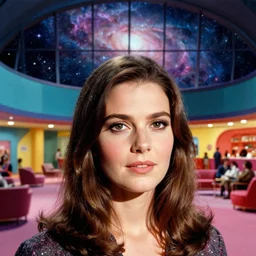 close face portrait of Mila Kunis waiting in an enormous colorful space lobby with a window on a nebula, 1970, Ludek Pesek, Rick Guidice, Chesley Bonestell, Lucien Rudaux, Rolf Klep, Fred Freeman, George Pal