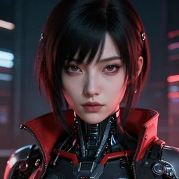 a detailed potrait of a cyberpunk cyborg girl with black and red parts, fine - face, realistic shaded perfect face, detailed. night setting. very anime style. realistic shaded lighting poster by ilya kuvshinov katsuhiro, unreal engine, global illumination, radiant light, detailed and intricate environment